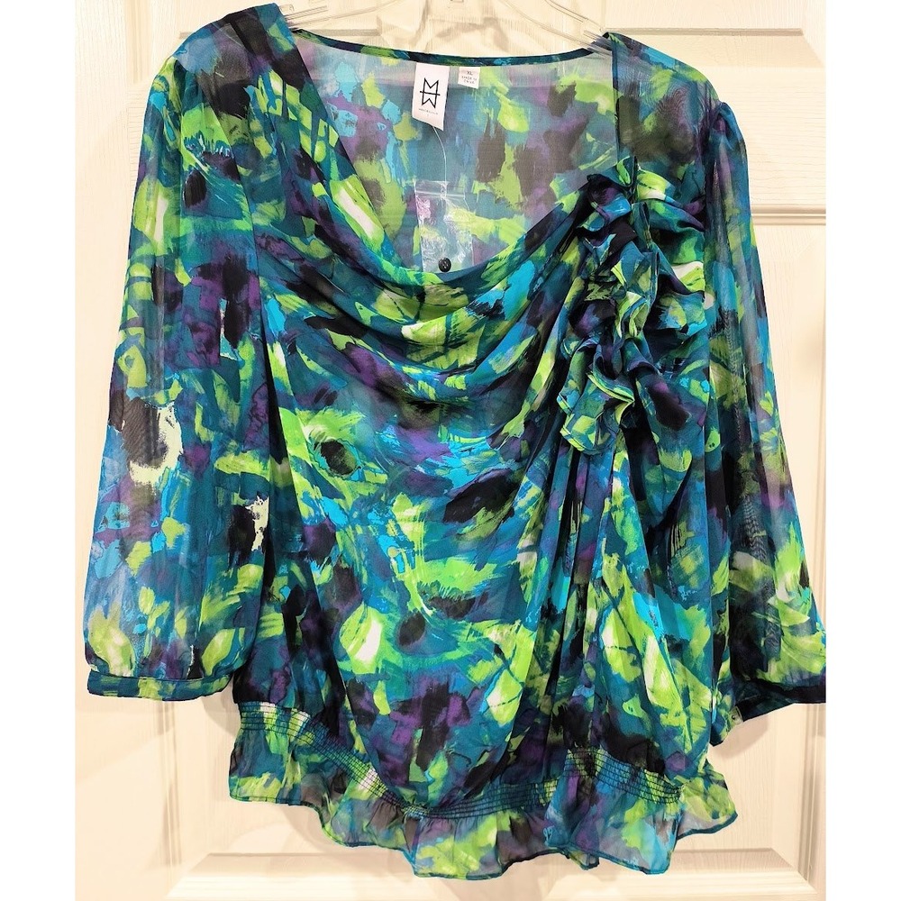 Marc Bouwer Womens XL Blue Green Abstract Ruffle Smocked Blouse Top 3/4 Sleeve